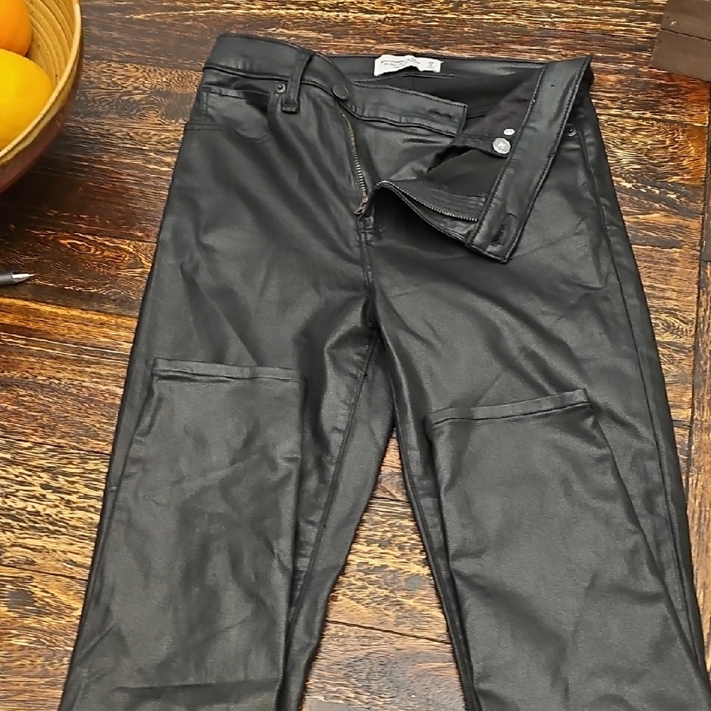 Abercrombie & Fitch Black Super Skinny Ankle Jeans Waxed Leather Look 28